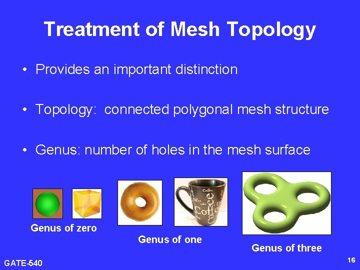 Treatment of Mesh Topology • Provides an important distinction • Topology: connected polygonal mesh