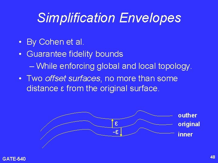 Simplification Envelopes • By Cohen et al. • Guarantee fidelity bounds – While enforcing