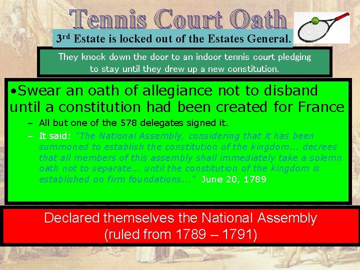 Tennis Court Oath 3 rd Estate is locked out of the Estates General. They