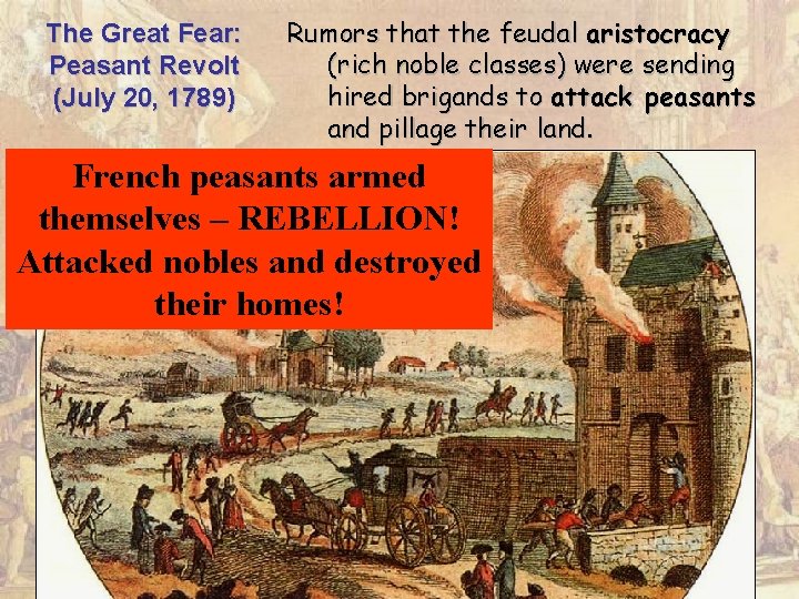 The Great Fear: Peasant Revolt (July 20, 1789) Rumors that the feudal aristocracy (rich