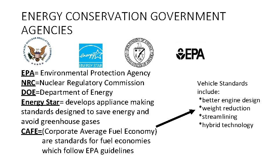 ENERGY CONSERVATION GOVERNMENT AGENCIES EPA= Environmental Protection Agency NRC=Nuclear Regulatory Commission DOE=Department of Energy