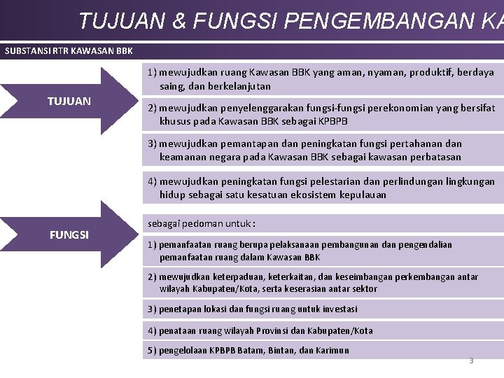 TUJUAN & FUNGSI PENGEMBANGAN KA SUBSTANSI RTR KAWASAN BBK 1) mewujudkan ruang Kawasan BBK