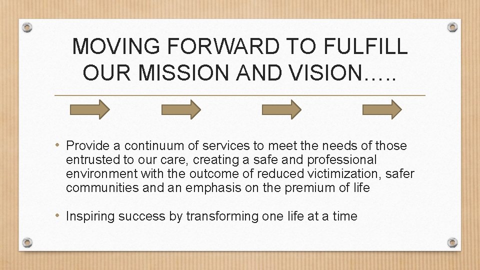 MOVING FORWARD TO FULFILL OUR MISSION AND VISION…. . • Provide a continuum of