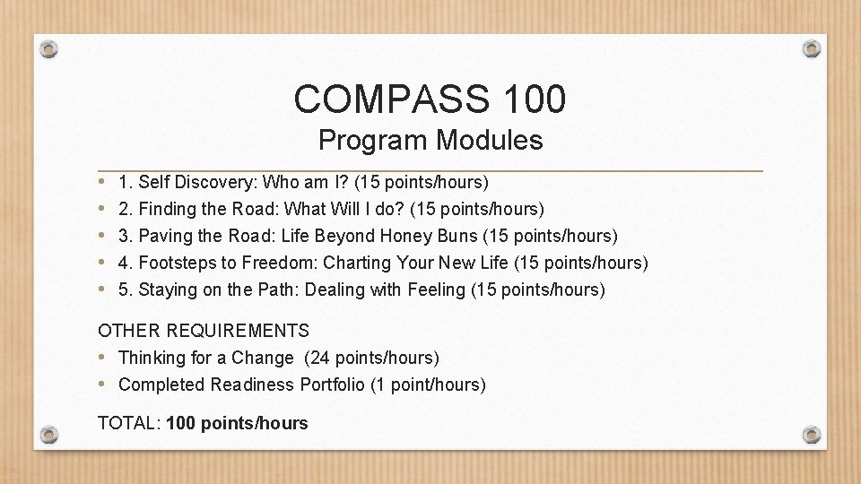 COMPASS 100 Program Modules • • • 1. Self Discovery: Who am I? (15