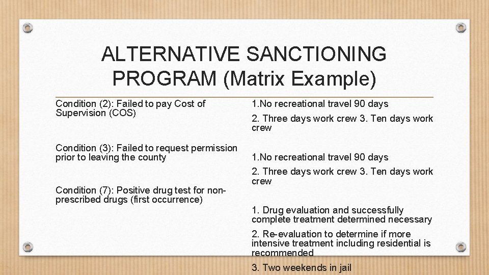 ALTERNATIVE SANCTIONING PROGRAM (Matrix Example) Condition (2): Failed to pay Cost of Supervision (COS)