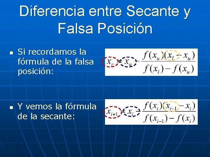 Diferencia entre Secante y Falsa Posición n n Si recordamos la fórmula de la