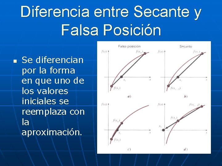 Diferencia entre Secante y Falsa Posición n Se diferencian por la forma en que