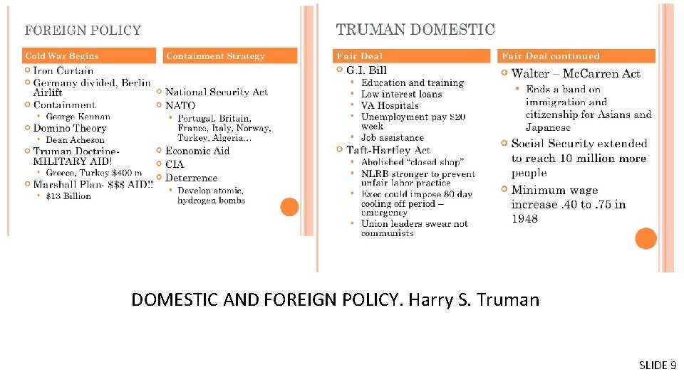 DOMESTIC AND FOREIGN POLICY. Harry S. Truman SLIDE 9 