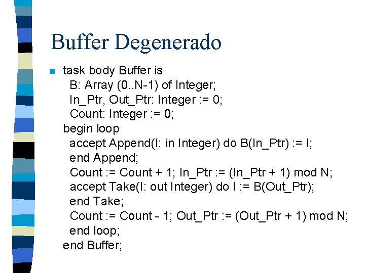 Buffer Degenerado n task body Buffer is B: Array (0. . N-1) of Integer;