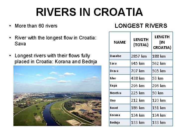 RIVERS IN CROATIA • More than 60 rivers • River with the longest flow