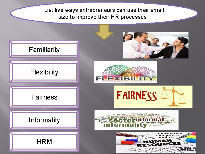 List five ways entrepreneurs can use their small size to improve their HR processes