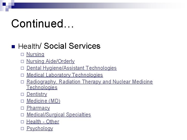 Continued… n Health/ Social Services ¨ ¨ ¨ Nursing Aide/Orderly Dental Hygiene/Assistant Technologies Medical