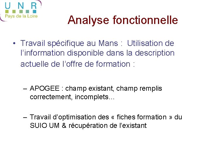 Analyse fonctionnelle • Travail spécifique au Mans : Utilisation de l’information disponible dans la