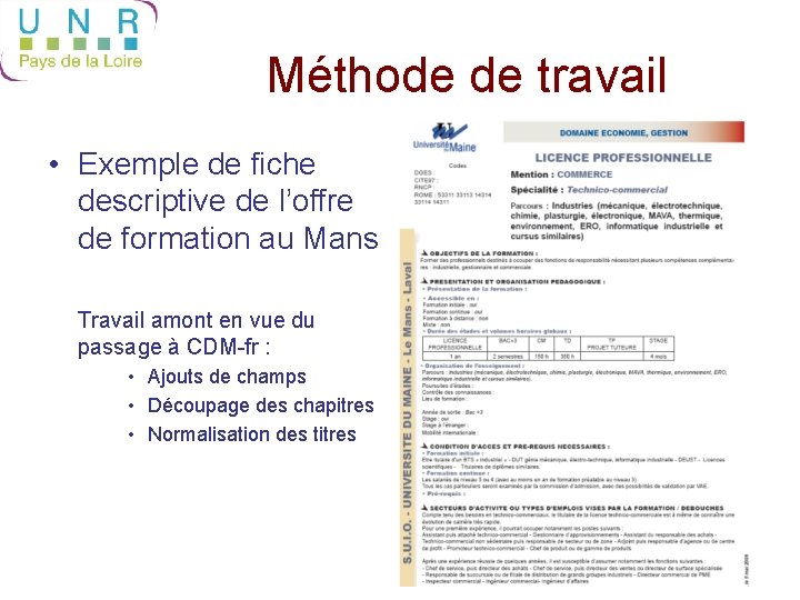 Méthode de travail • Exemple de fiche descriptive de l’offre de formation au Mans