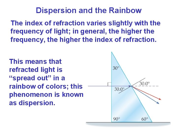 Dispersion and the Rainbow The index of refraction varies slightly with the frequency of Dispersion and the Rainbow The index of refraction varies slightly with the frequency of