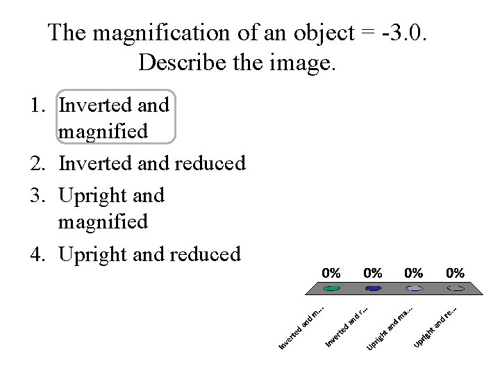 The magnification of an object = -3. 0. Describe the image. 1. Inverted and The magnification of an object = -3. 0. Describe the image. 1. Inverted and