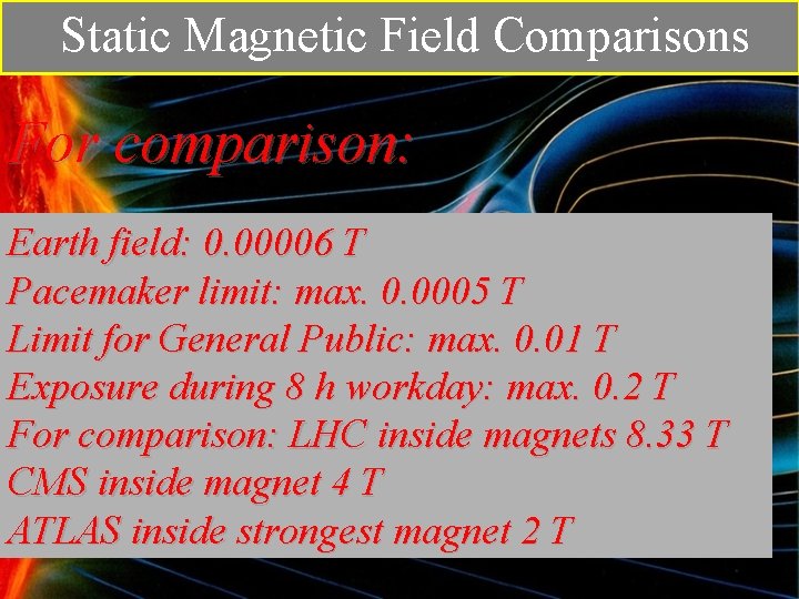 Static Magnetic Field Comparisons For comparison: Earth field: 0. 00006 T Pacemaker limit: max.