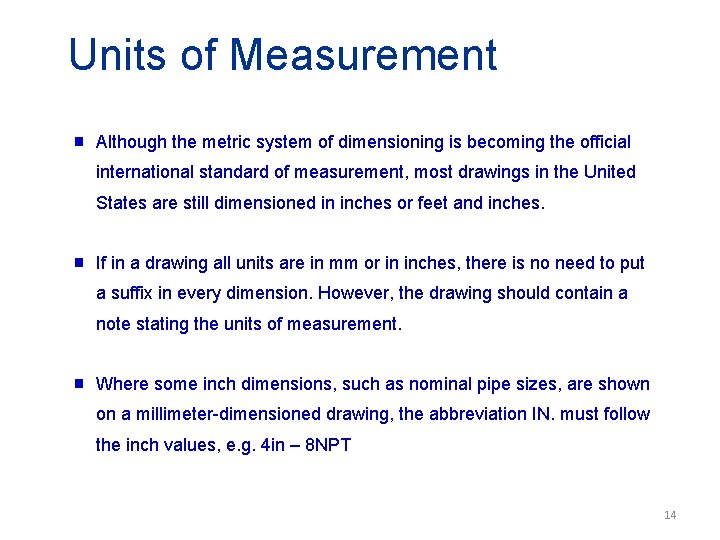 Units of Measurement g Although the metric system of dimensioning is becoming the official