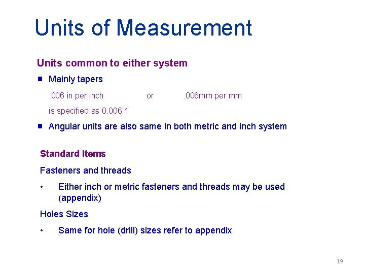 Units of Measurement Units common to either system g Mainly tapers. 006 in per