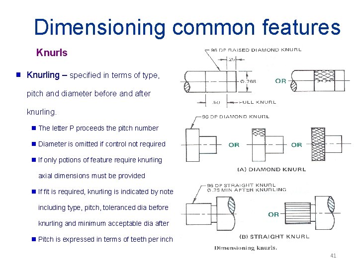 Dimensioning common features Knurls g Knurling – specified in terms of type, pitch and