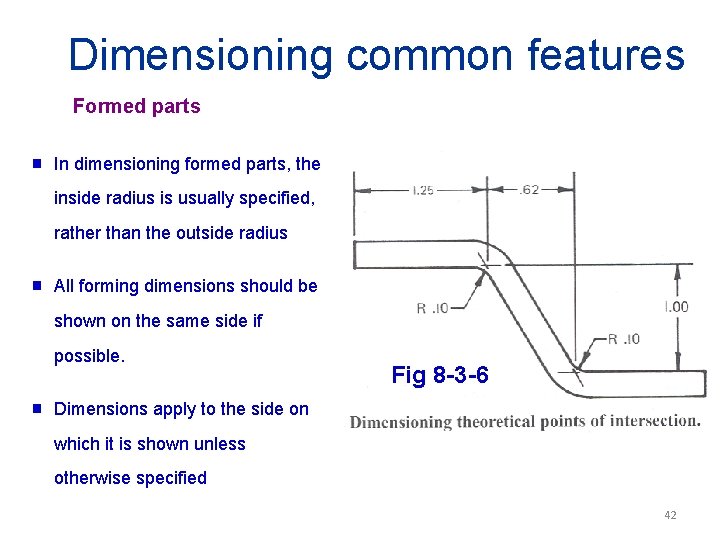 Dimensioning common features Formed parts g In dimensioning formed parts, the inside radius is