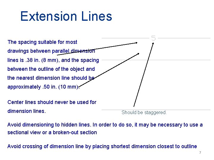 Extension Lines The spacing suitable for most drawings between parallel dimension lines is. 38