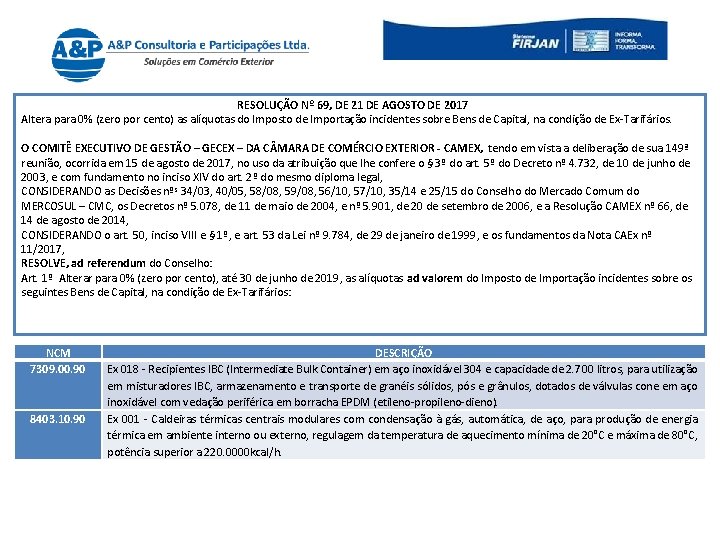 RESOLUÇÃO Nº 69, DE 21 DE AGOSTO DE 2017 Altera para 0% (zero por
