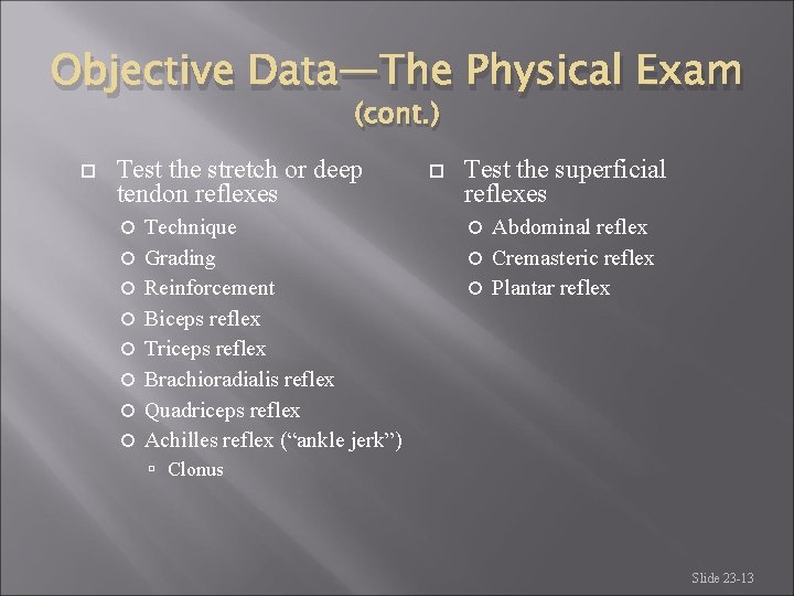Objective Data—The Physical Exam (cont. ) Test the stretch or deep tendon reflexes Technique Objective Data—The Physical Exam (cont. ) Test the stretch or deep tendon reflexes Technique