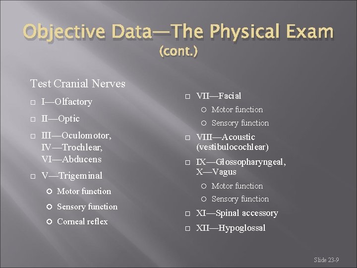Objective Data—The Physical Exam (cont. ) Test Cranial Nerves I—Olfactory II—Optic III—Oculomotor, IV—Trochlear, VI—Abducens Objective Data—The Physical Exam (cont. ) Test Cranial Nerves I—Olfactory II—Optic III—Oculomotor, IV—Trochlear, VI—Abducens