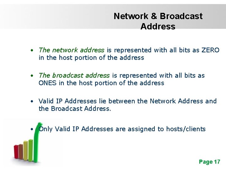 Network & Broadcast Address • The network address is represented with all bits as