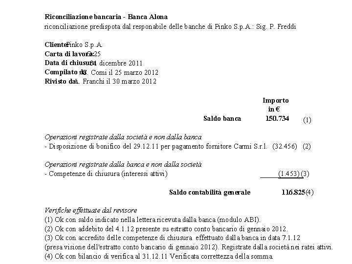Riconciliazione bancaria - Banca Alona riconciliazione predispota dal responabile delle banche di Pinko S.