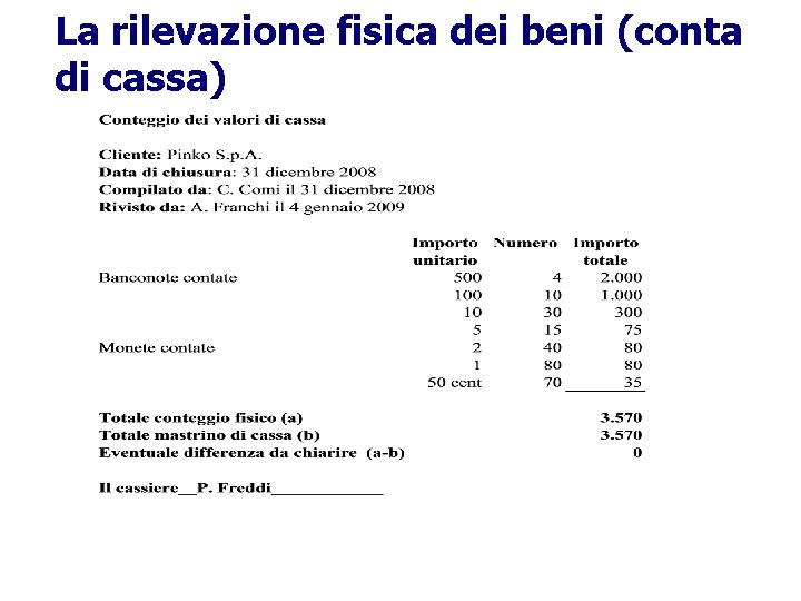 La rilevazione fisica dei beni (conta di cassa) 