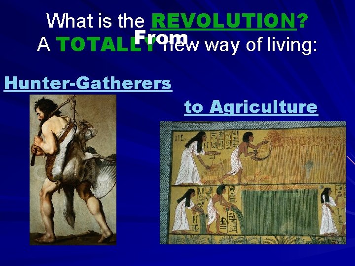 What is the REVOLUTION? From A TOTALLY new way of living: Hunter-Gatherers to Agriculture