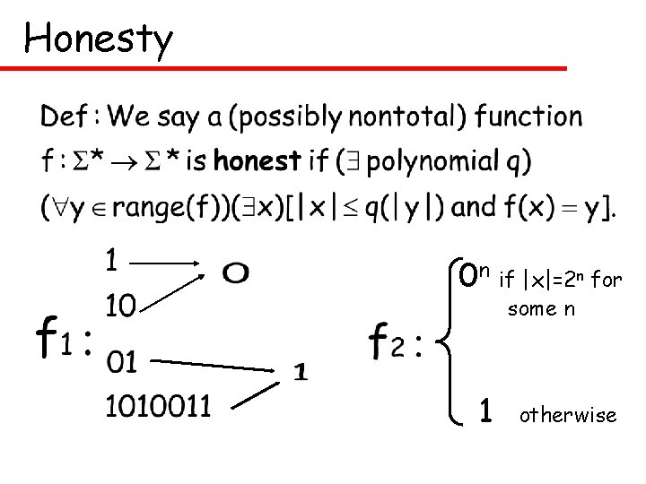 Honesty 0 n if |x|=2 n for some n 1 otherwise 