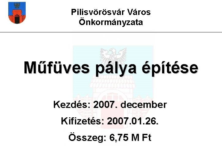 Pilisvörösvár Város Önkormányzata Műfüves pálya építése Kezdés: 2007. december Kifizetés: 2007. 01. 26. Összeg: