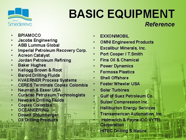BASIC EQUIPMENT Reference • • • • • BP/AMOCO Jacobs Engineering ABB Lummus Global