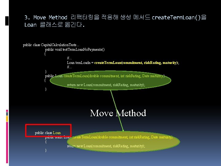 3. Move Method 리팩터링을 적용해 생성 메서드 create. Term. Loan()을 Loan 클래스로 옮긴다. public