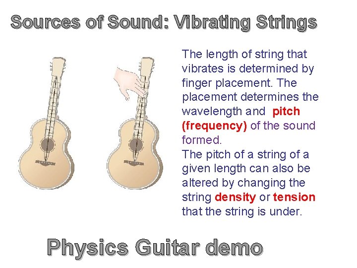 Sources of Sound: Vibrating Strings The length of string that vibrates is determined by