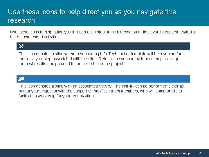 Use these icons to help direct you as you navigate this research Use these