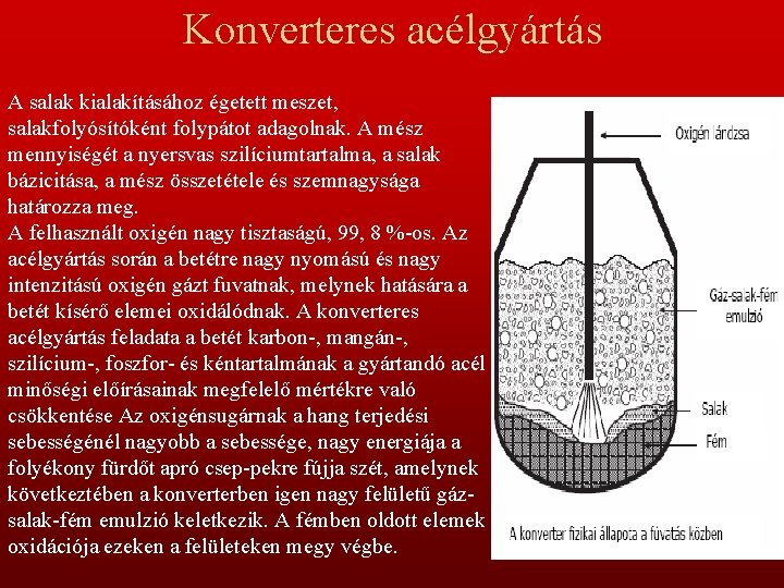 Konverteres acélgyártás A salak kialakításához égetett meszet, salakfolyósítóként folypátot adagolnak. A mész mennyiségét a