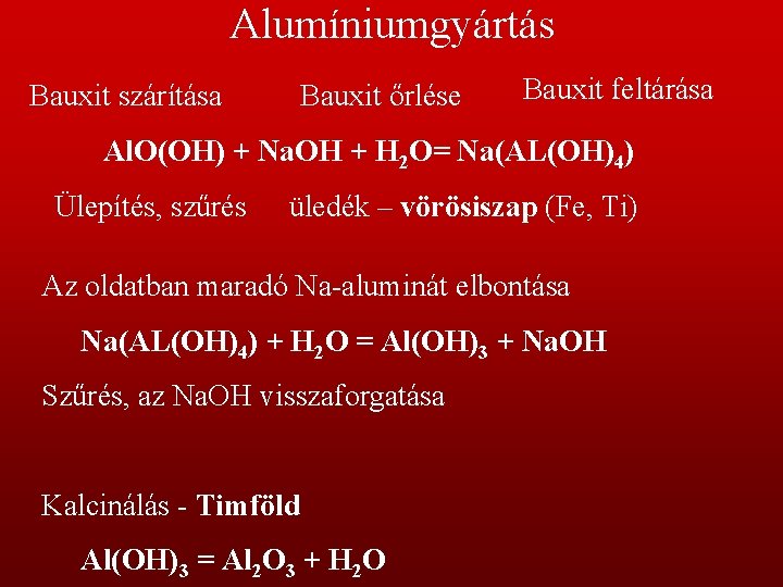 Alumíniumgyártás Bauxit szárítása Bauxit őrlése Bauxit feltárása Al. O(OH) + Na. OH + H