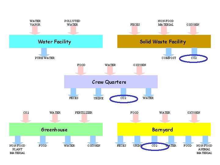 WATER VAPOR POLLUTED WATER NON-FOOD MATERIAL FECES Water Facility OXYGEN Solid Waste Facility PURE