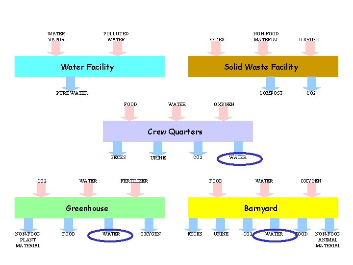 WATER VAPOR POLLUTED WATER NON-FOOD MATERIAL FECES Water Facility OXYGEN Solid Waste Facility PURE