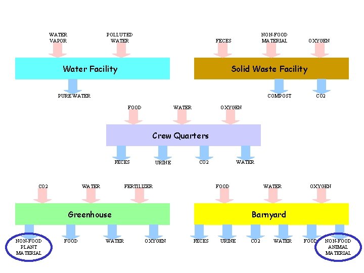 WATER VAPOR POLLUTED WATER NON-FOOD MATERIAL FECES Water Facility OXYGEN Solid Waste Facility PURE