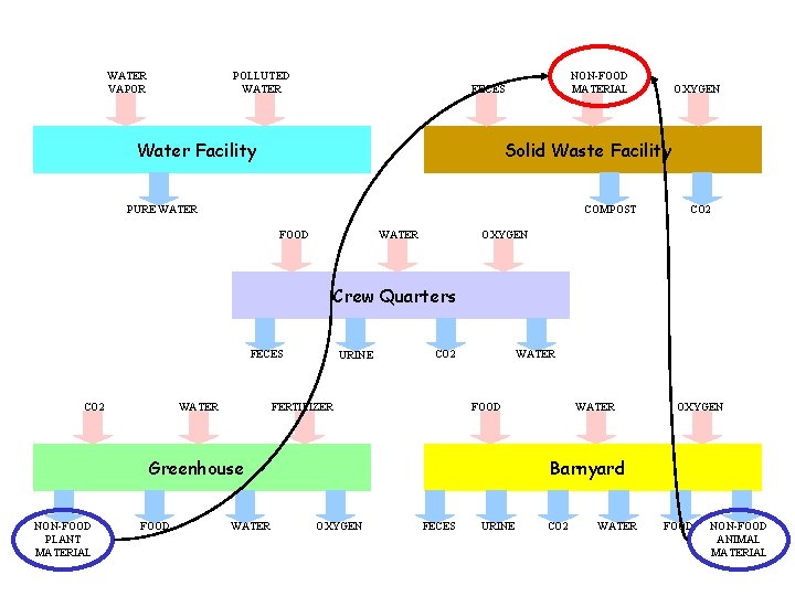 WATER VAPOR POLLUTED WATER NON-FOOD MATERIAL FECES Water Facility OXYGEN Solid Waste Facility PURE