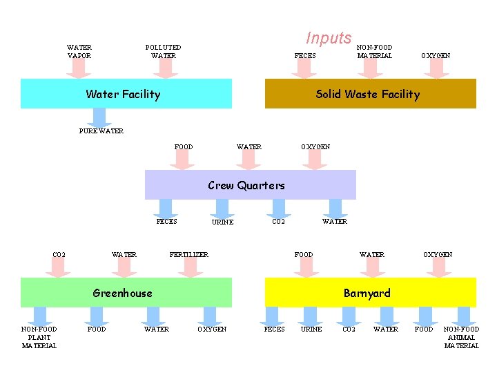 WATER VAPOR Inputs POLLUTED WATER FECES Water Facility NON-FOOD MATERIAL OXYGEN Solid Waste Facility