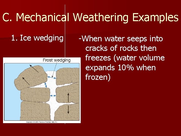 C. Mechanical Weathering Examples 1. Ice wedging -When water seeps into cracks of rocks