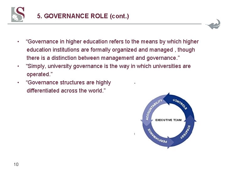 5. GOVERNANCE ROLE (cont. ) • • • 10 “Governance in higher education refers