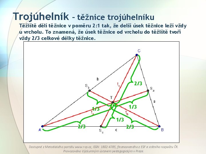 Trojúhelník – těžnice trojúhelníku Těžiště dělí těžnice v poměru 2: 1 tak, že delší