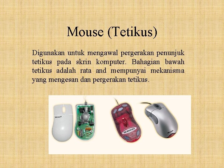 Mouse (Tetikus) Digunakan untuk mengawal pergerakan penunjuk tetikus pada skrin komputer. Bahagian bawah tetikus